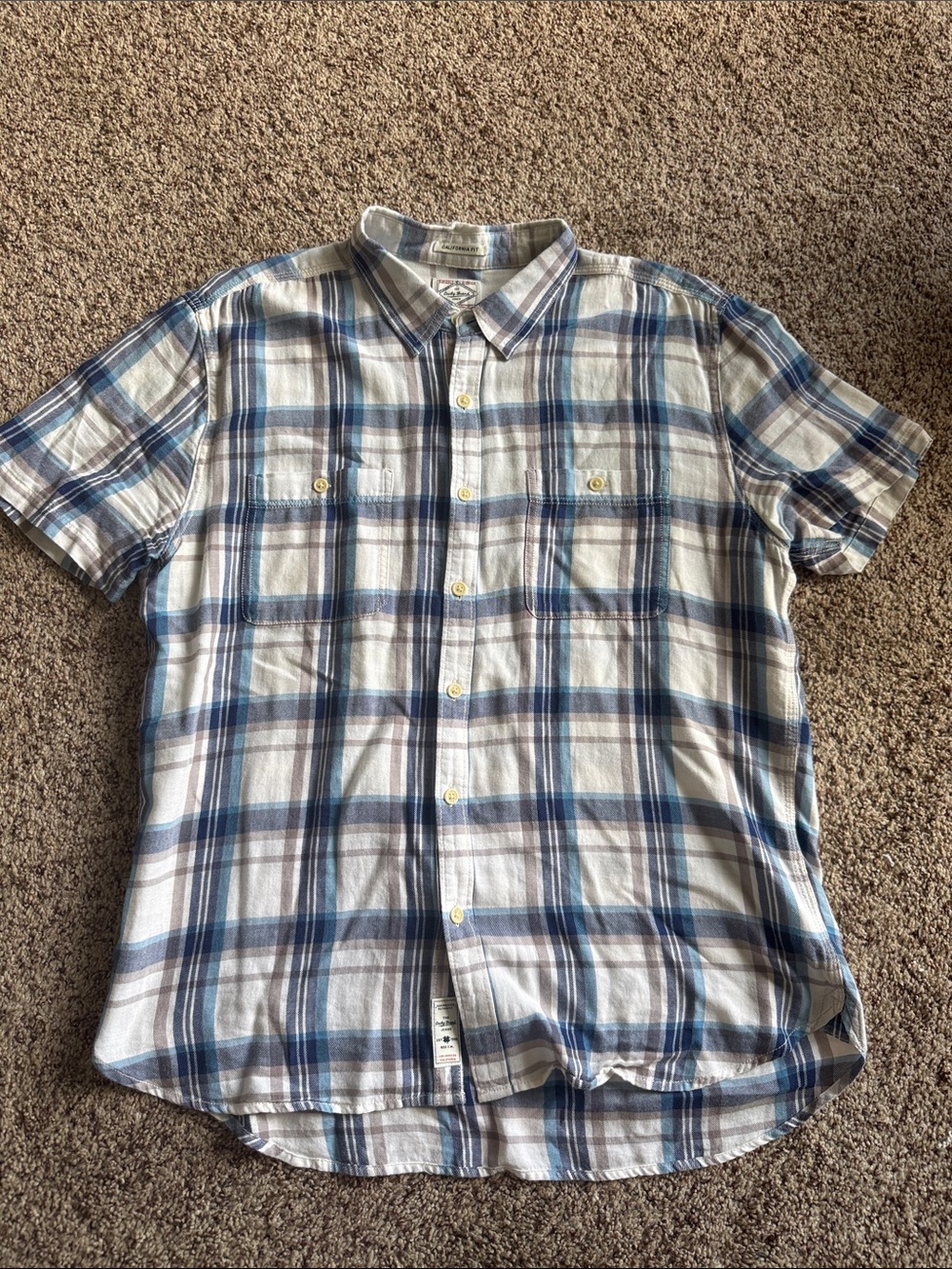 Lucky Brand Short-Sleeve Blue and White Plaid Button-Down Shirt